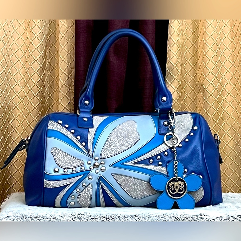 SHARIF 1827 Blue Floral & Studded Bag w/Original Bag Charm Women’s Handbag